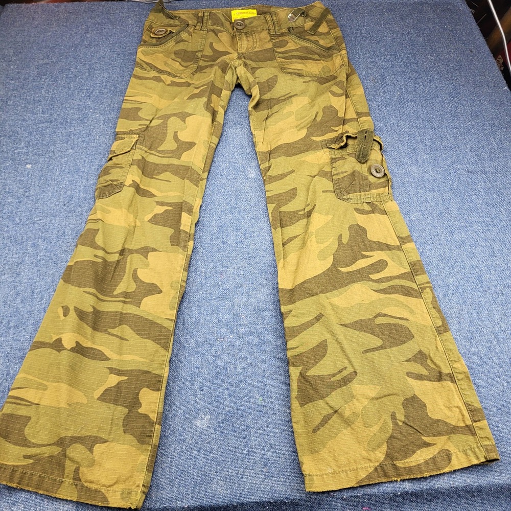 Z. Cavaricci Y2K Camo Cargo Pants Womens 5 Green Brown Ripstop Flare Low Rise